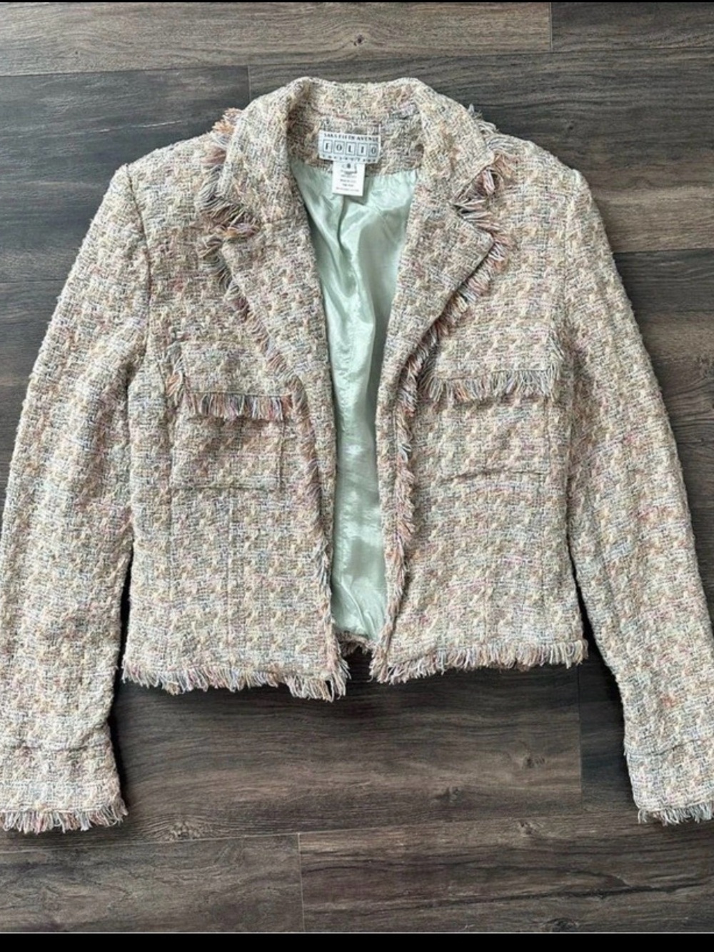 Saks Fifth Avenue Pink Multi Tweed Fringed Crop Blazer
